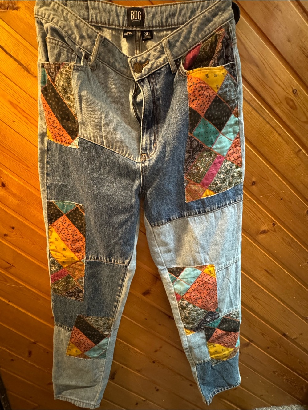 BDG Light Blue Patchwork Denim Jeans with Multicolor Quilted Panels (REPAIRED)
